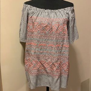 Striped w/ Aztec Embroidery Off the Shoulder  Top